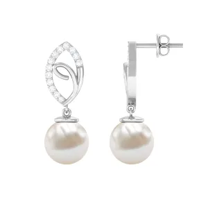 Diamond Leaf and Freshwater Pearl Dangle Drop Earrings