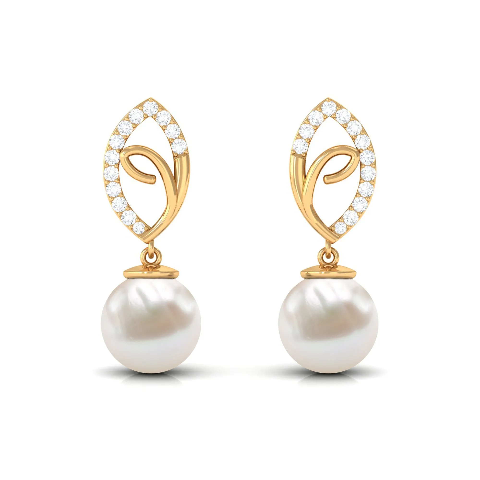 Diamond Leaf and Freshwater Pearl Dangle Drop Earrings