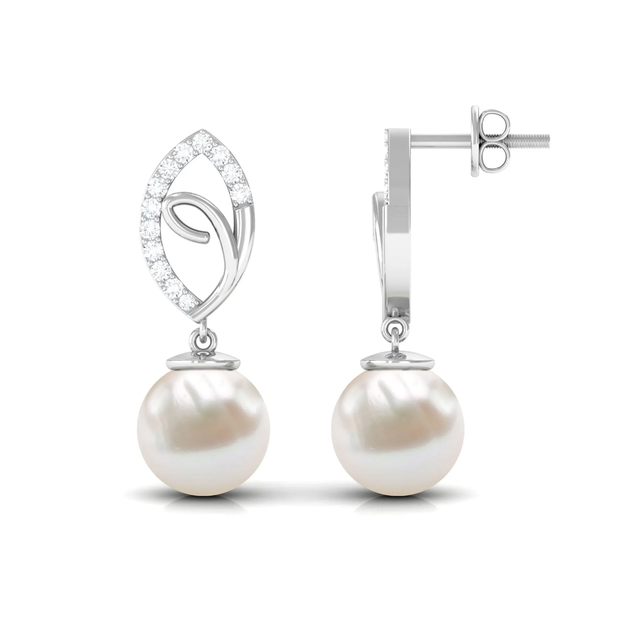 Diamond Leaf and Freshwater Pearl Dangle Drop Earrings