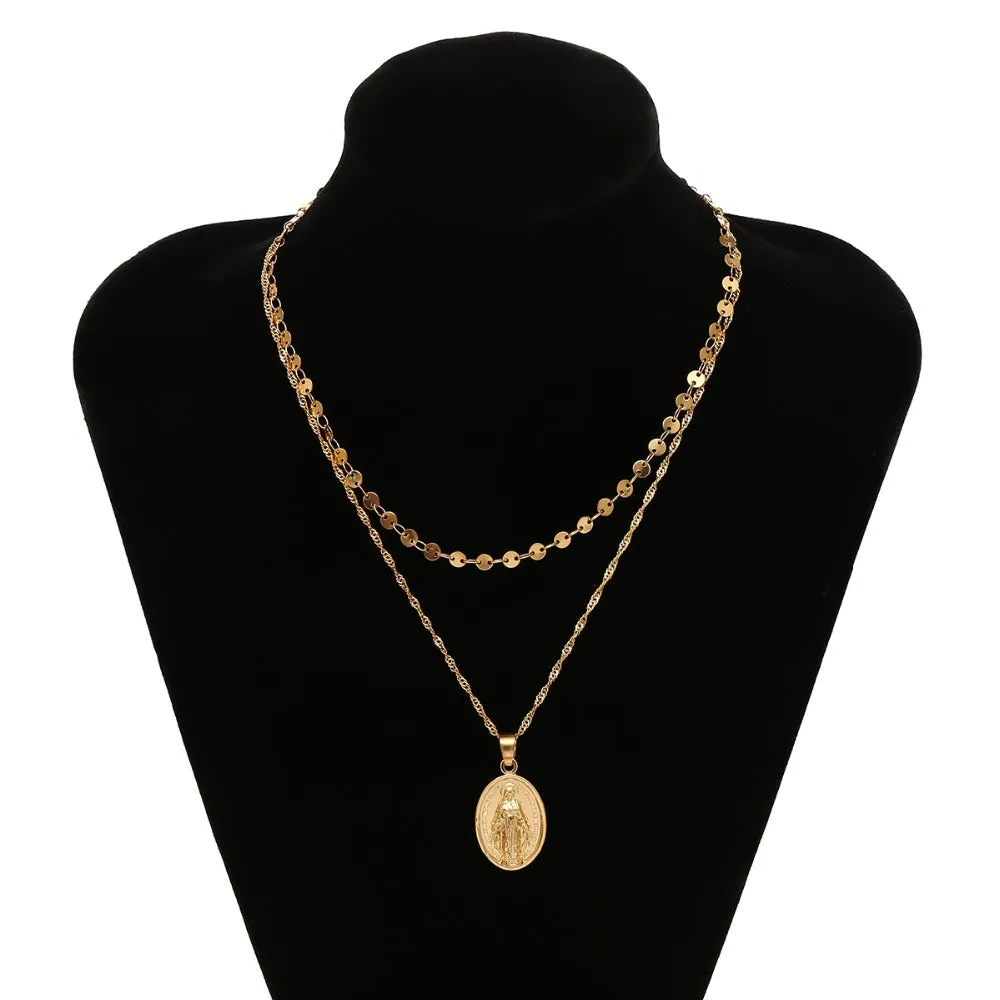 Double layer handmade disc alloy clavicle necklace