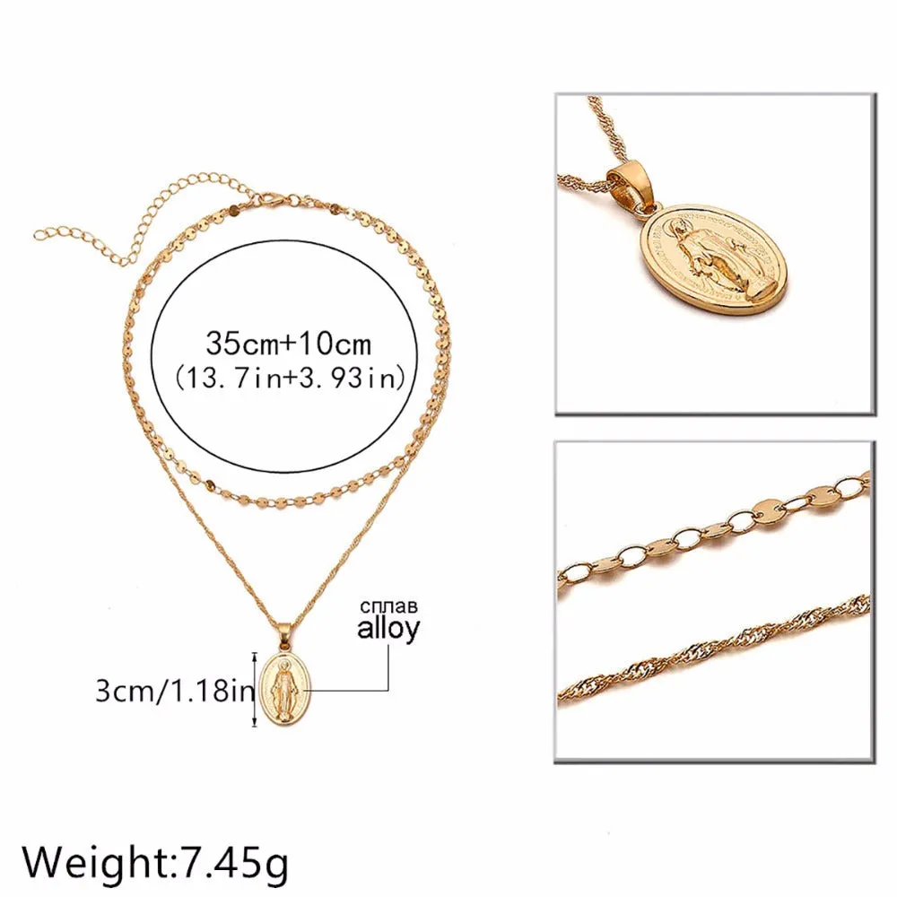 Double layer handmade disc alloy clavicle necklace