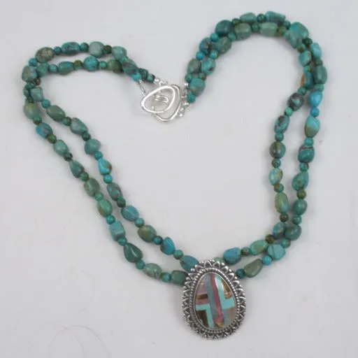 Double Strand Turquoise Nugget Necklace With Multi-stone Pendant