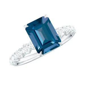 Emerald Cut London Blue Topaz Engagement Ring with Diamond