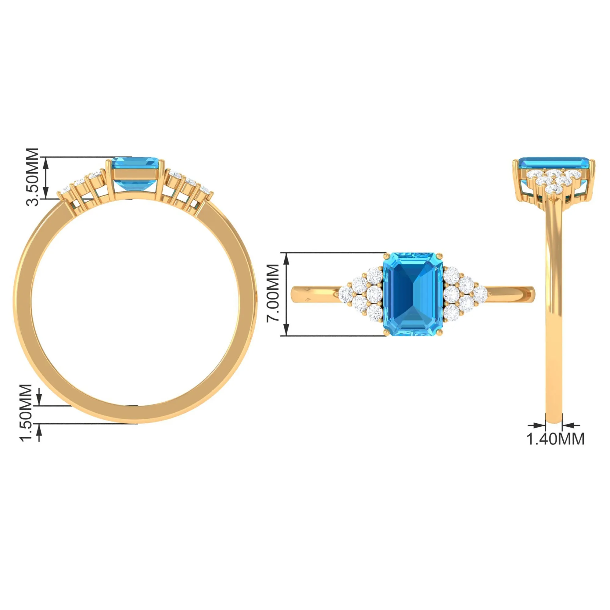 Emerald Cut Swiss Blue Topaz Solitaire Engagement Ring with Diamond