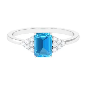 Emerald Cut Swiss Blue Topaz Solitaire Engagement Ring with Diamond