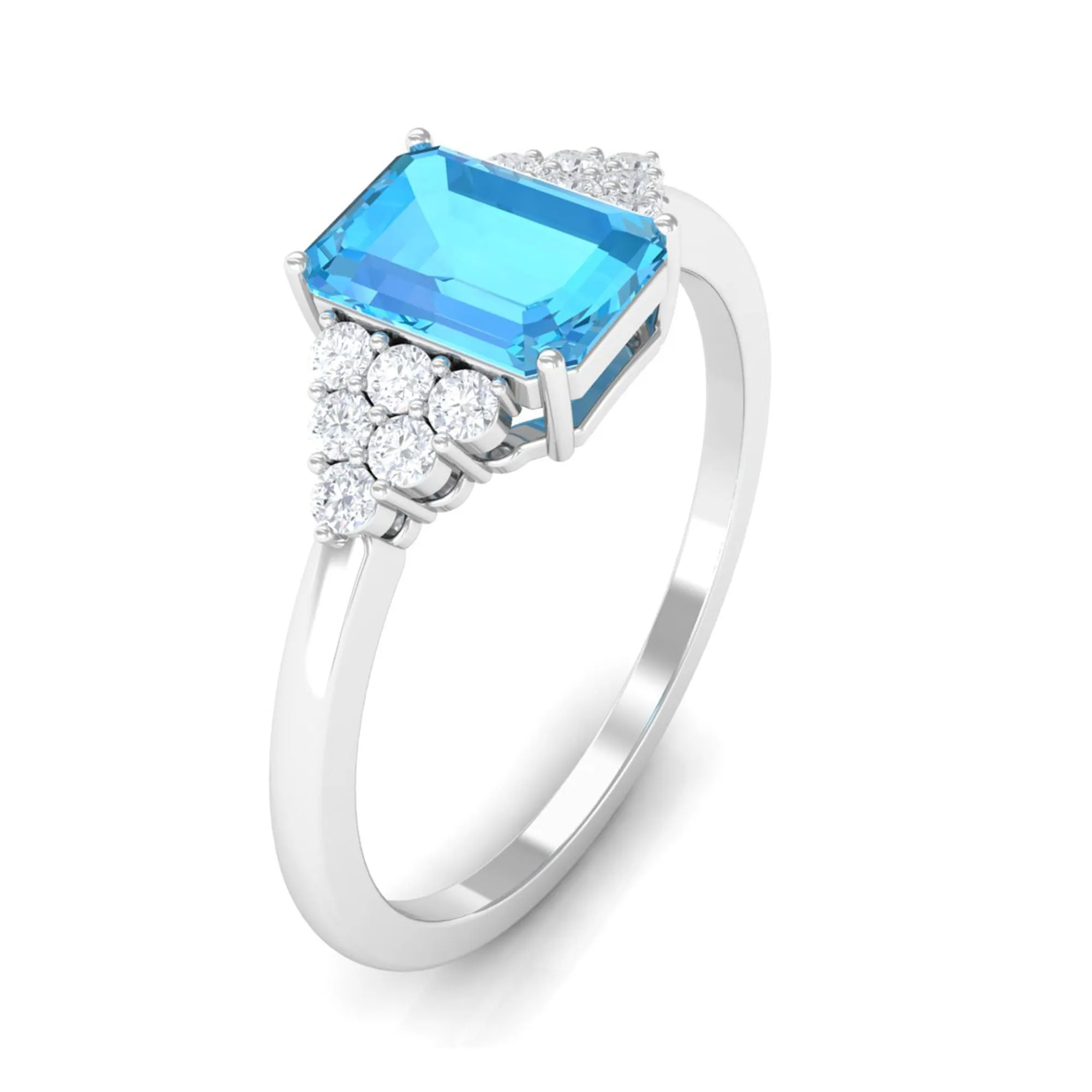 Emerald Cut Swiss Blue Topaz Solitaire Engagement Ring with Diamond