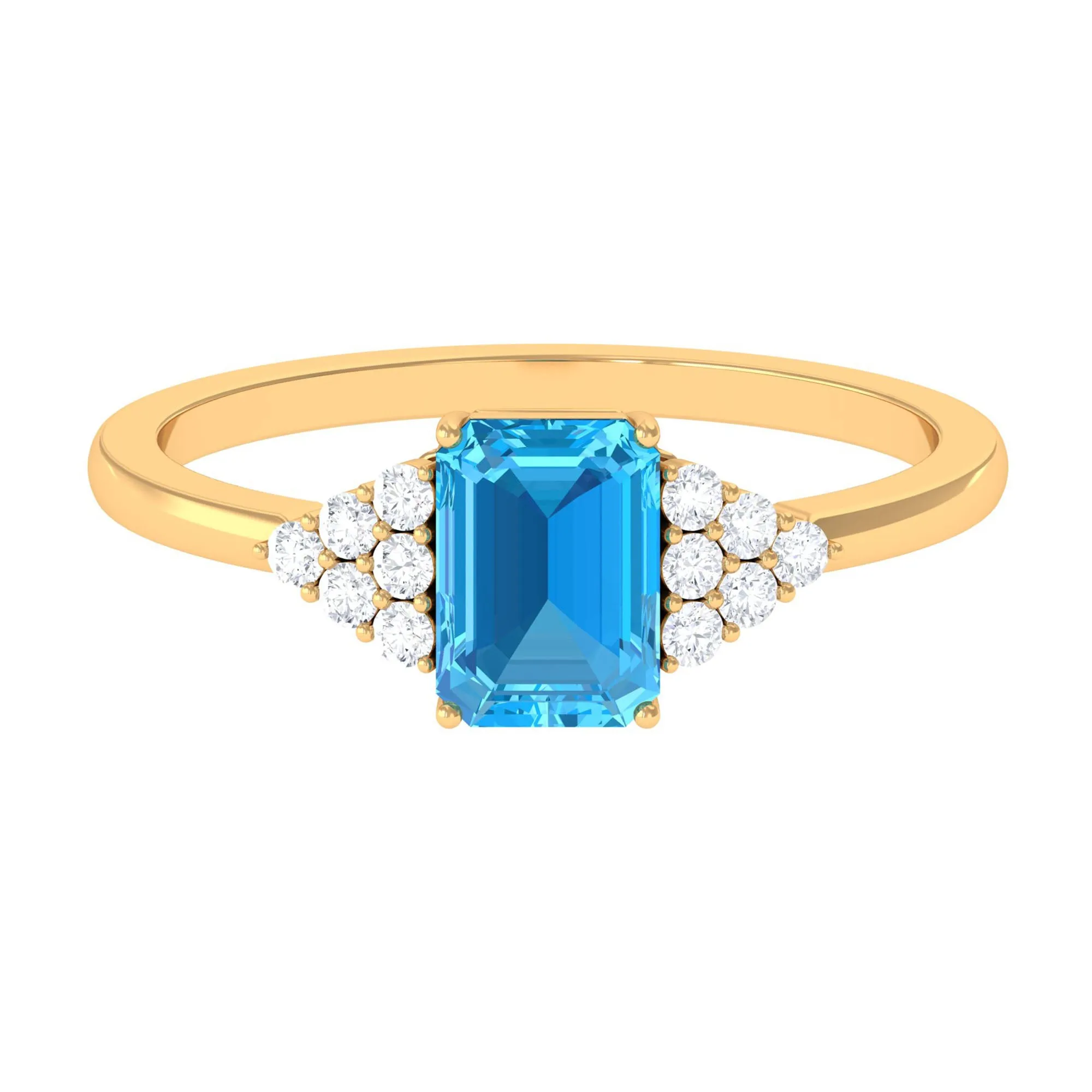 Emerald Cut Swiss Blue Topaz Solitaire Engagement Ring with Diamond