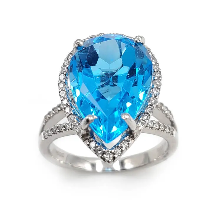 Estate 14K White Gold Blue Topaz and Diamond Ring