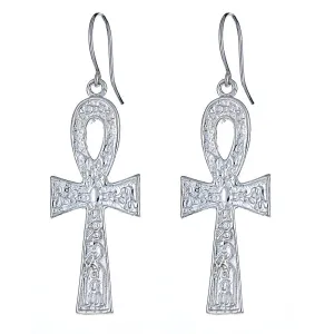 Etched Ankh Cross .925 Sterling Silver Earrings