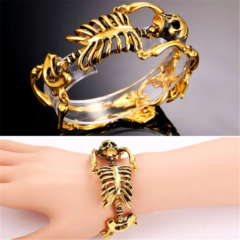 European Halloween Bracelet Punk Skull Skeleton Bracelet For Men Gold Plated Stainless Steel Heavy Biker Bangle Jewelry