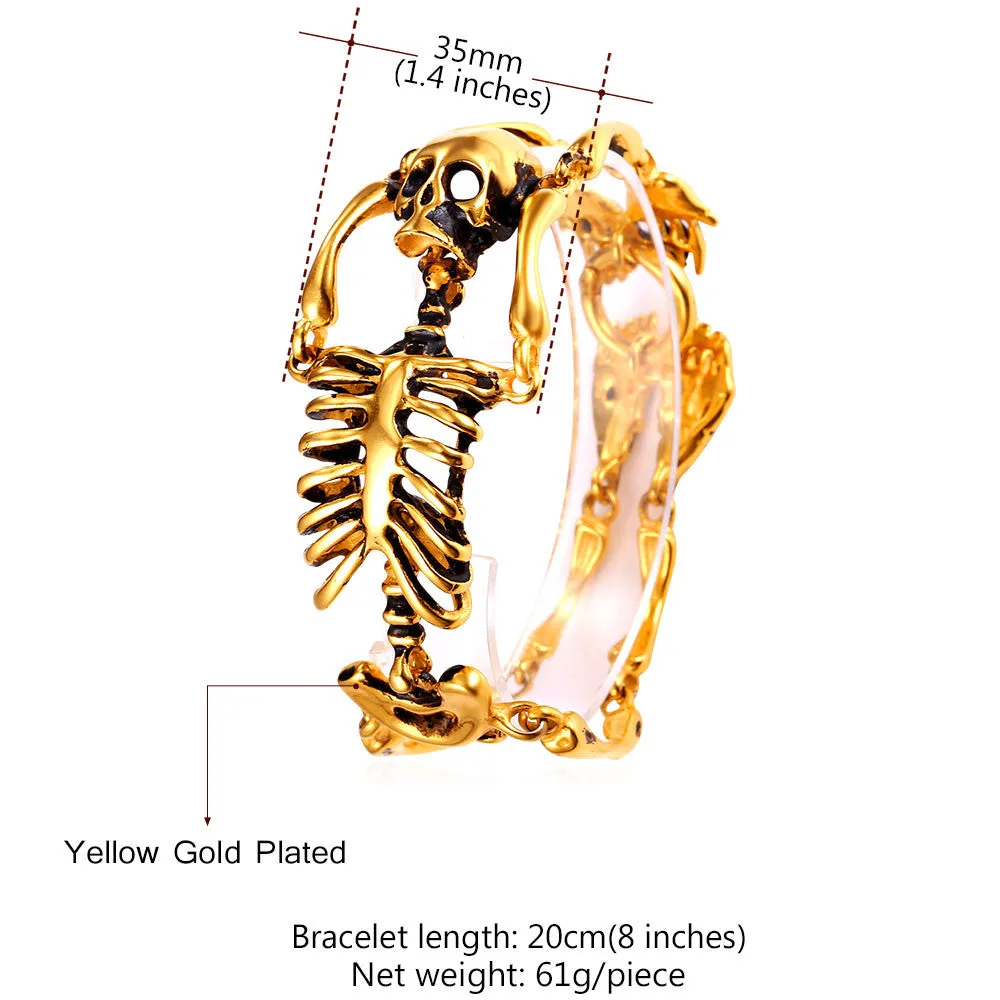 European Halloween Bracelet Punk Skull Skeleton Bracelet For Men Gold Plated Stainless Steel Heavy Biker Bangle Jewelry