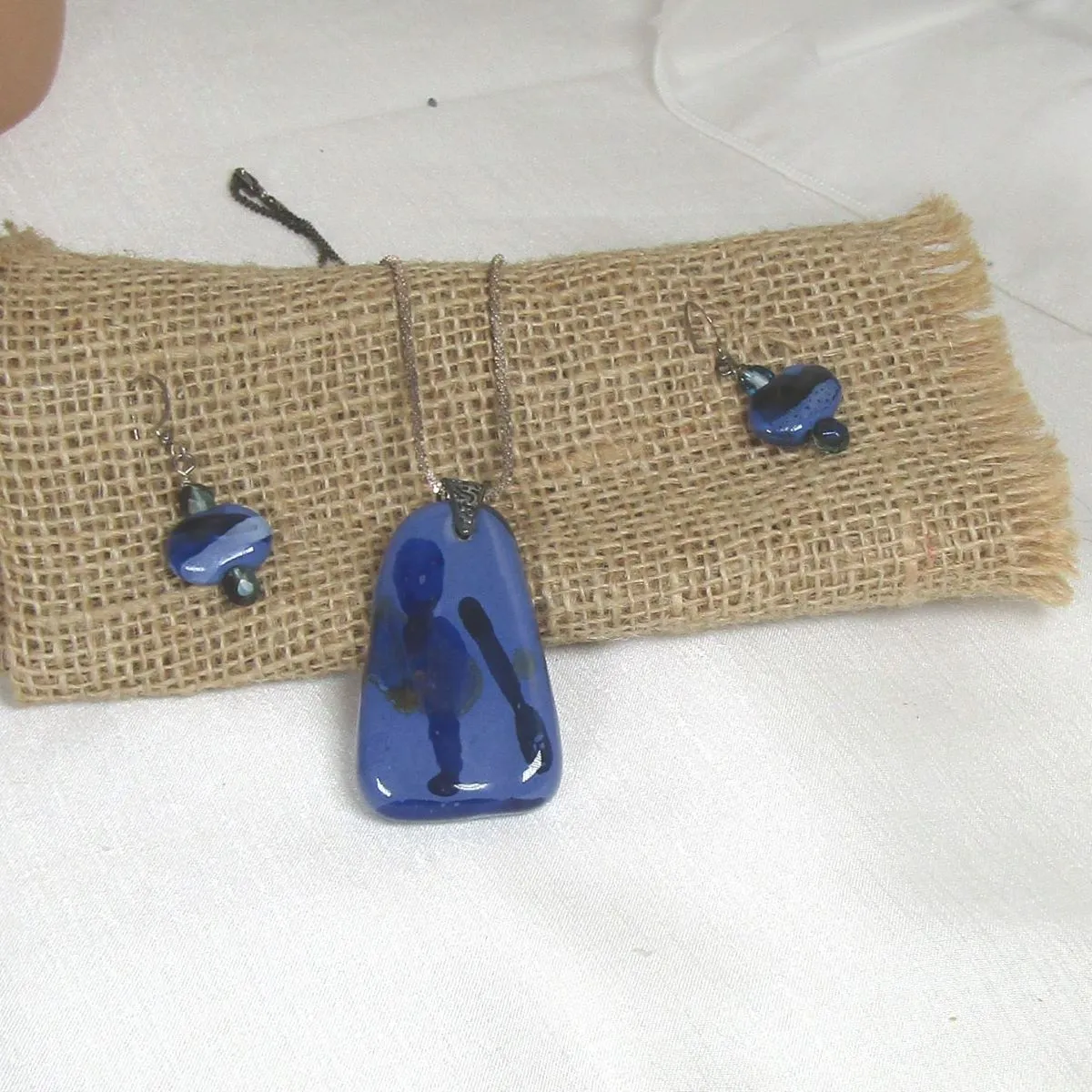 Fair Trade Kazuri Blue Pendant Necklace & Earrings