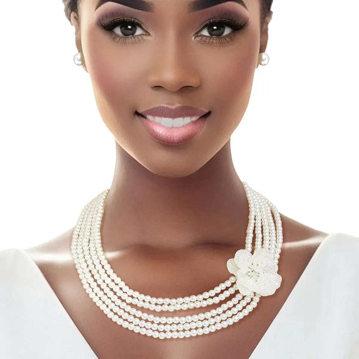 Floral Elegance: 5-Strand Acrylic Cream Pearl Necklace Set with Petal Flower Detail