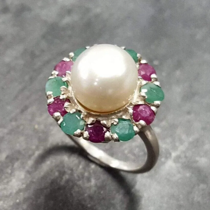 Flower Pearl Ring - Genuine Pearl Ring, Pearl Victorian Ring