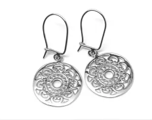  Genuine Sterling Silver 925 Flat Filigree Drop Round Closed Hooks Earrings 