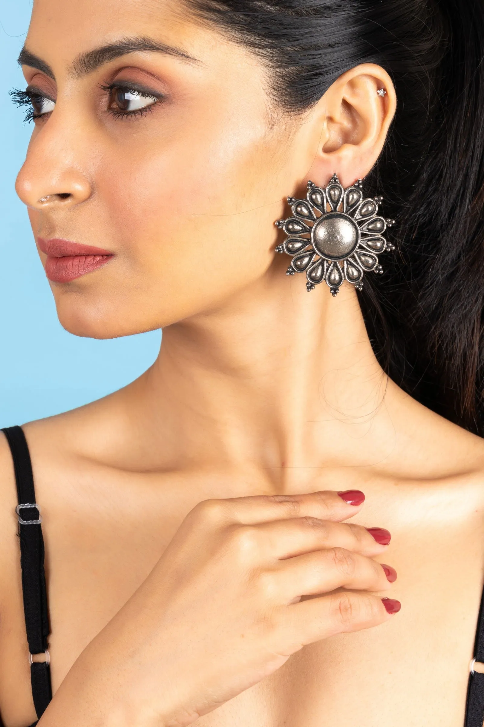 German Silver Jumbo Floral Stud Earrings with Oxidized Finish for Everyday Elegance