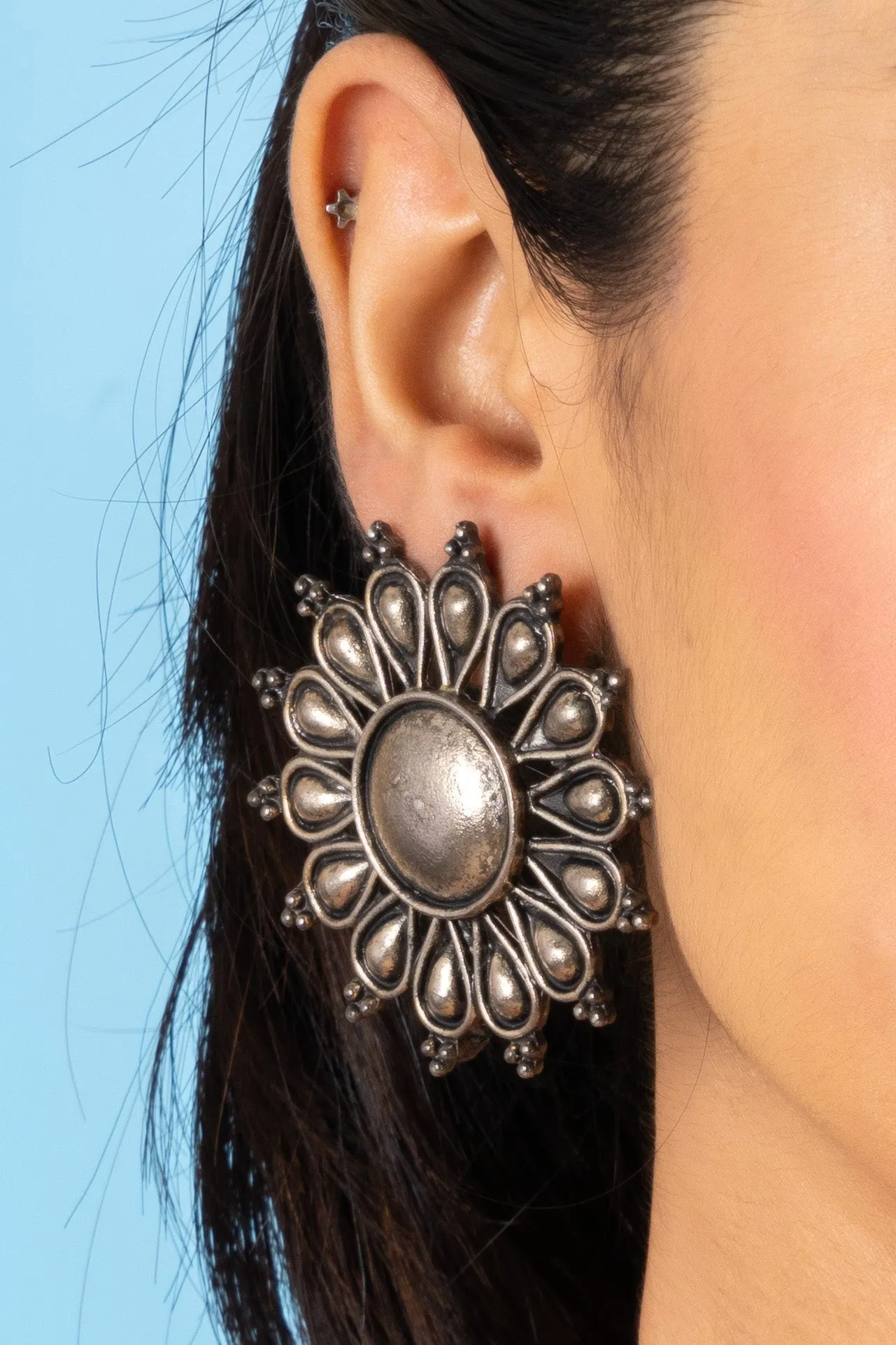 German Silver Jumbo Floral Stud Earrings with Oxidized Finish for Everyday Elegance