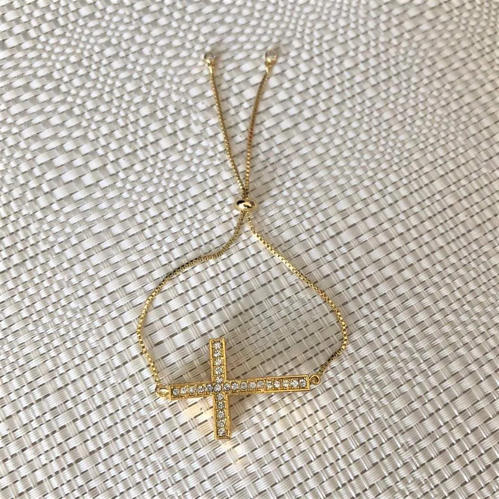 Gold Crystal Cross Adjustable Chain Bracelet