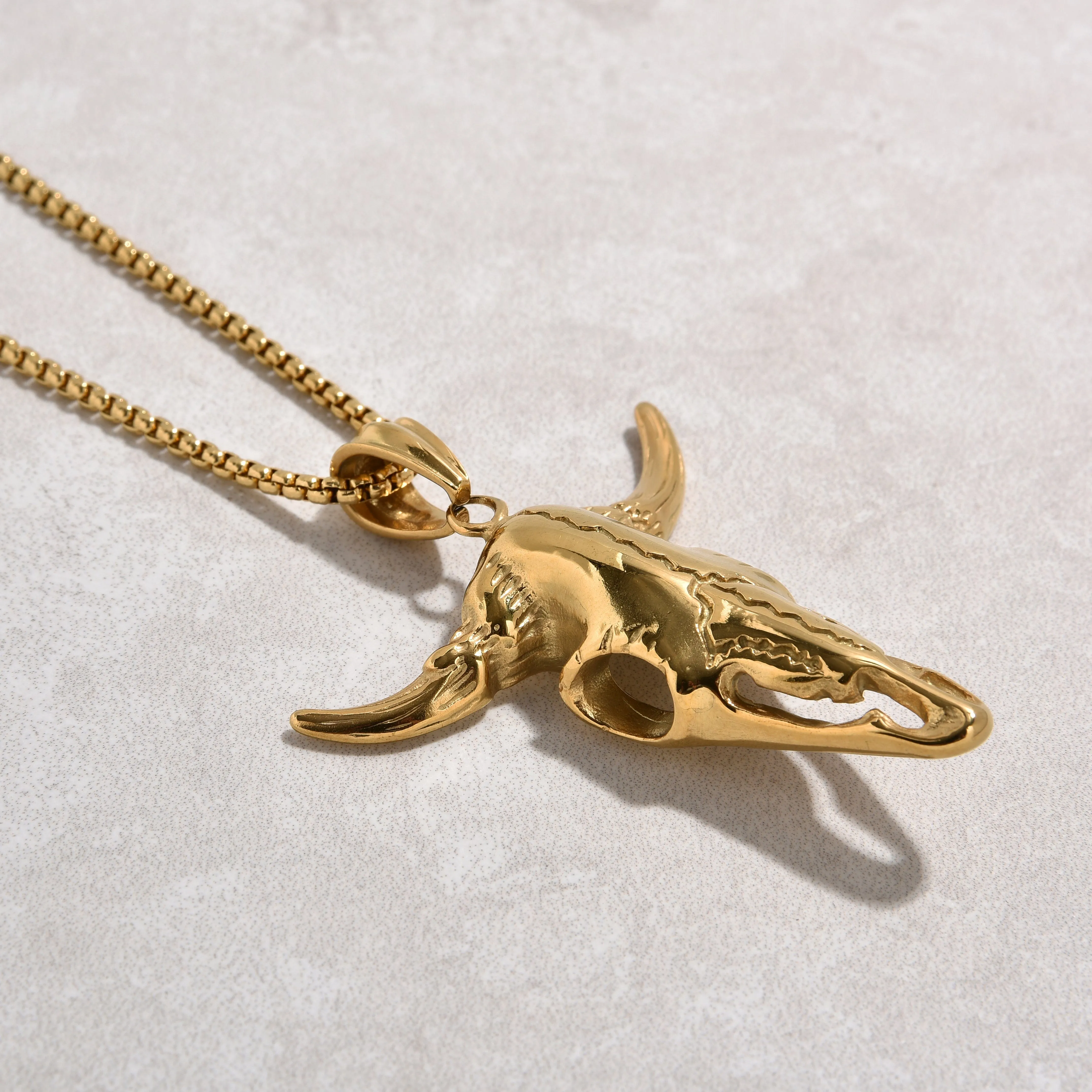 Gold Large Bull Skull Steel Hearts Necklace