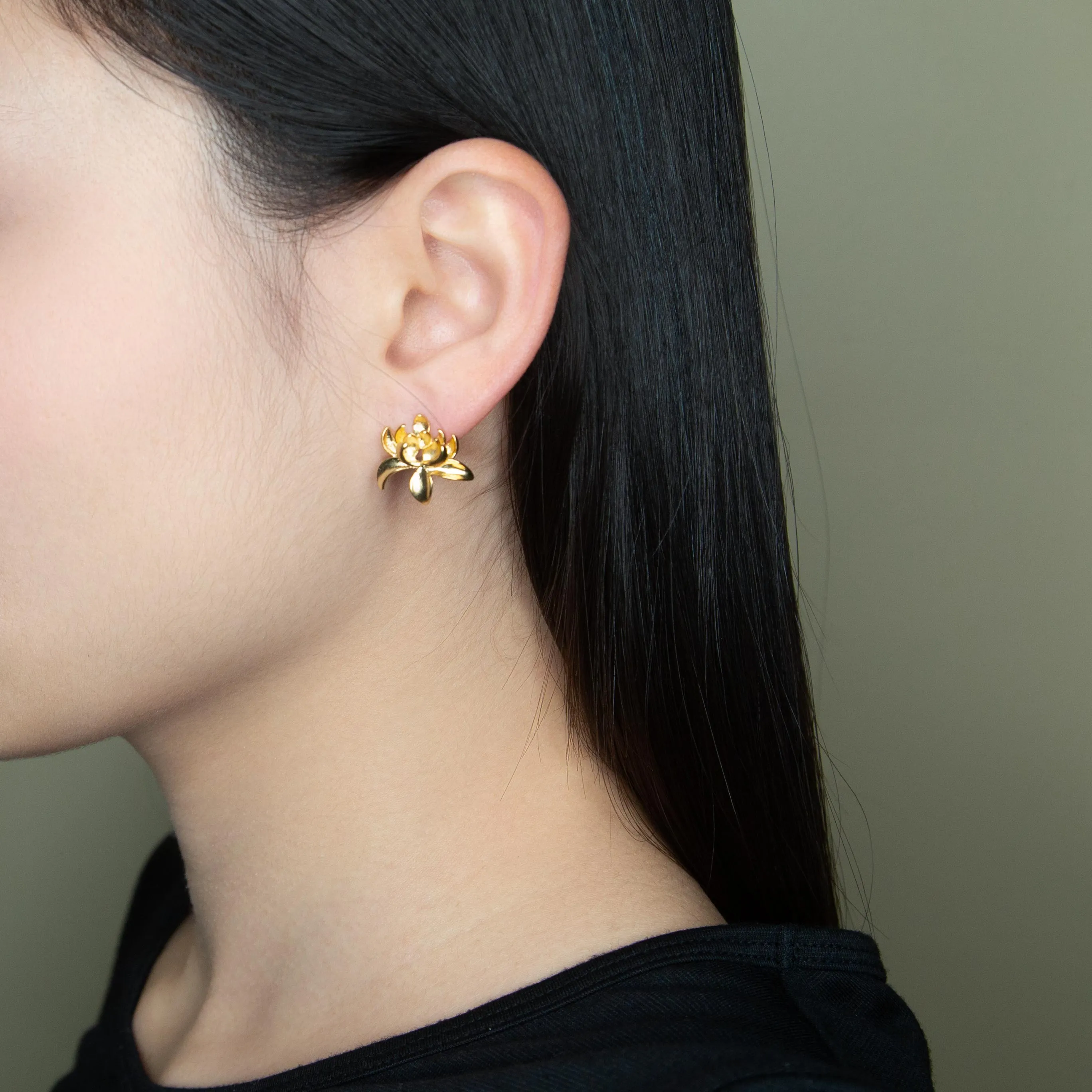 Gold Lotus Pearl Stud Earrings