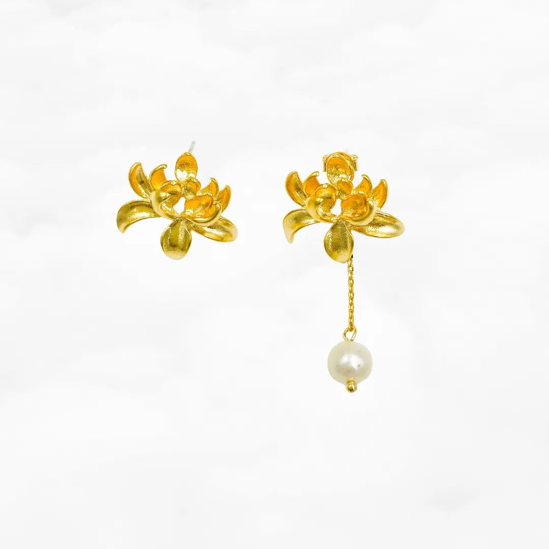 Gold Lotus Pearl Stud Earrings