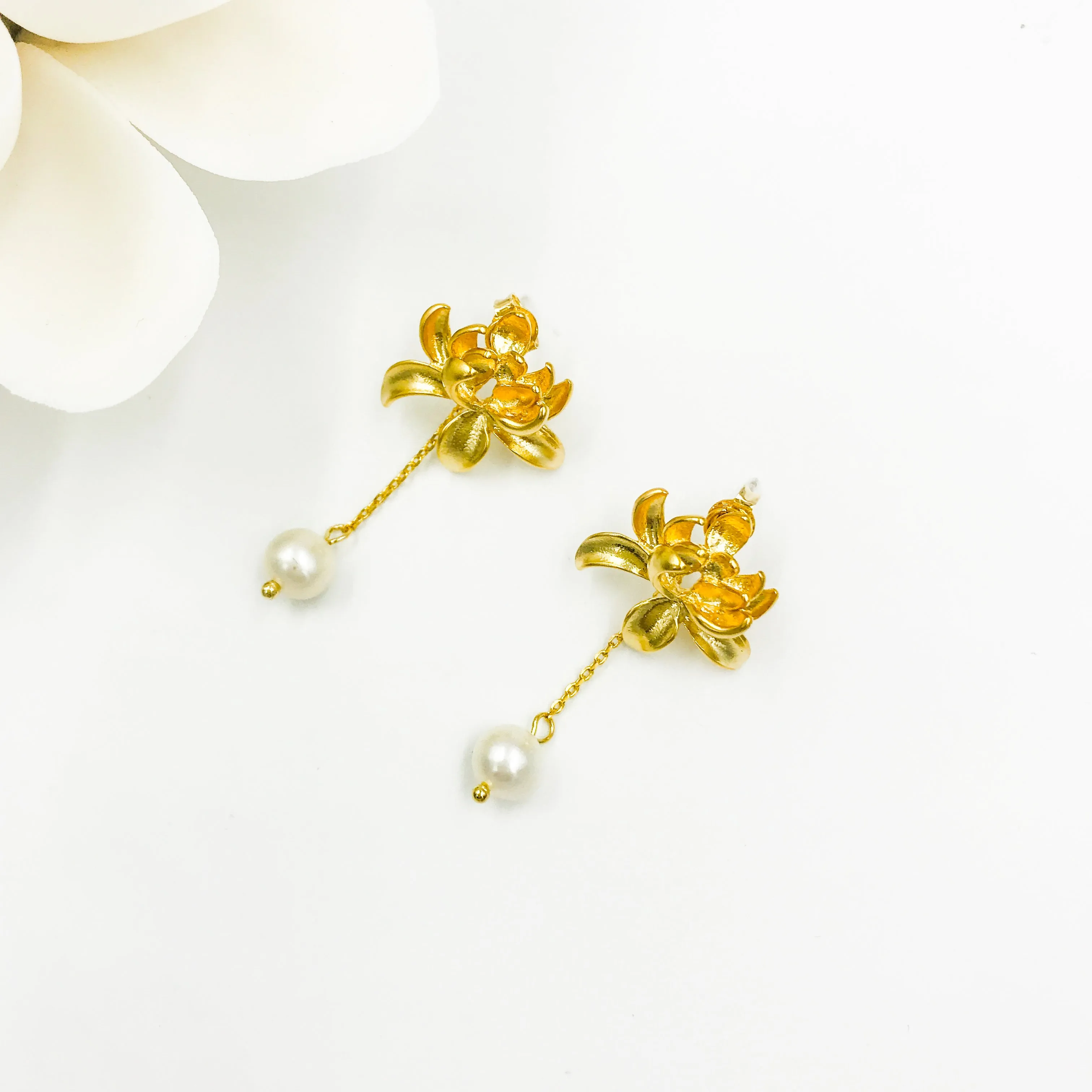 Gold Lotus Pearl Stud Earrings