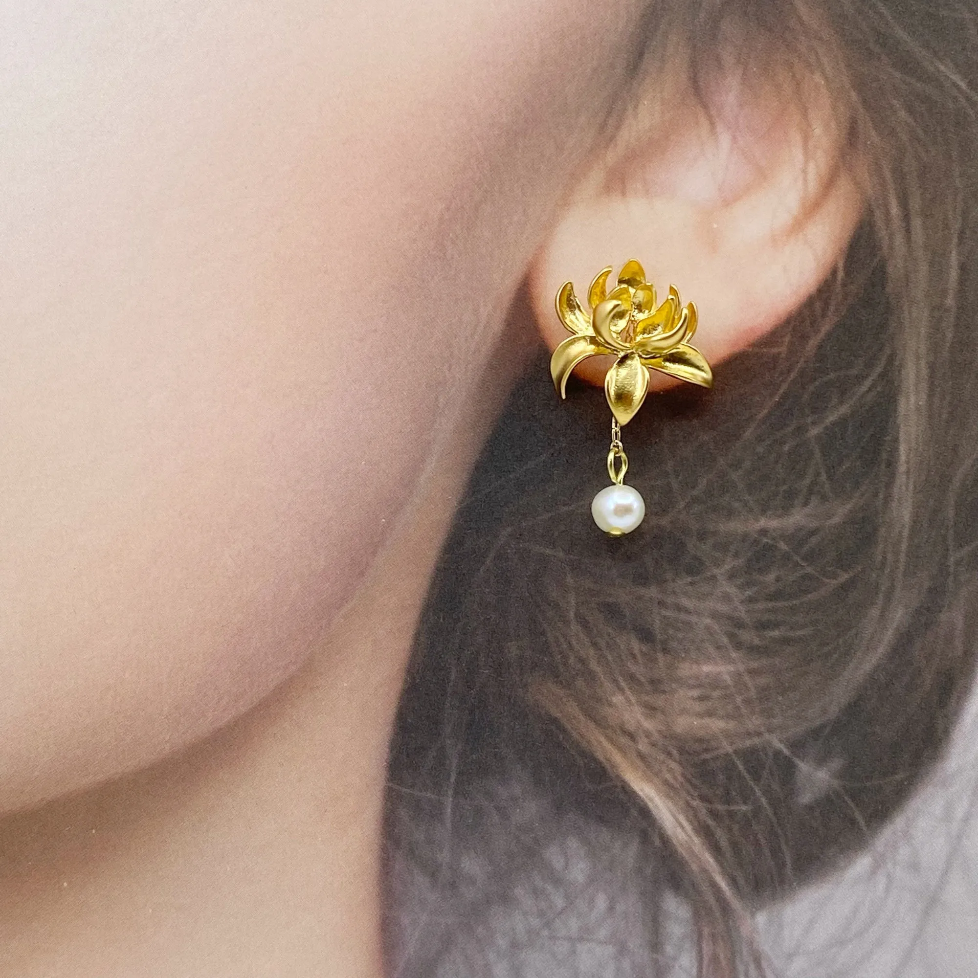 Gold Lotus Pearl Stud Earrings