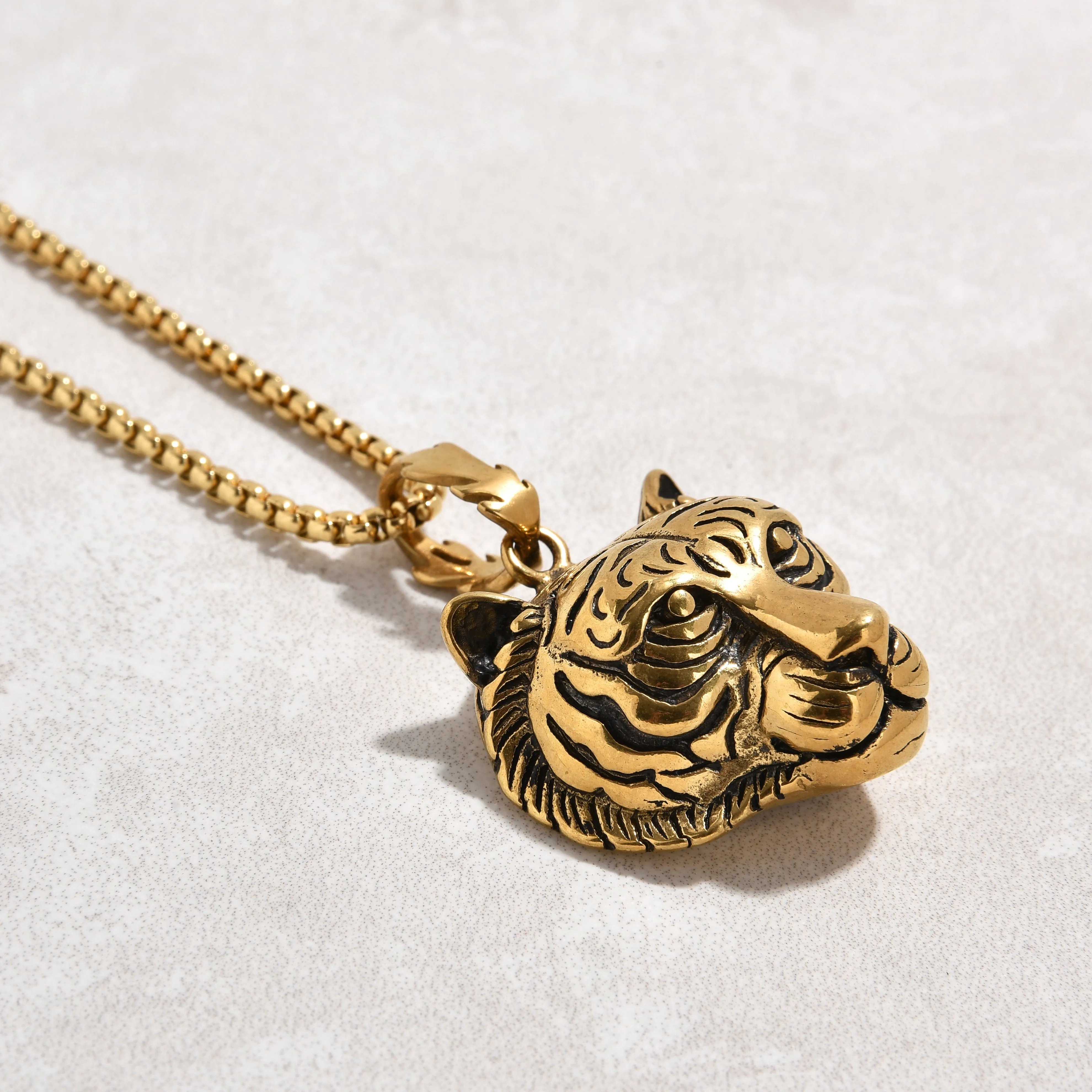 Gold Tiger Steel Hearts Necklace