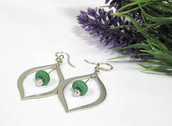 Green Beaded Silver Teardrop Earrings