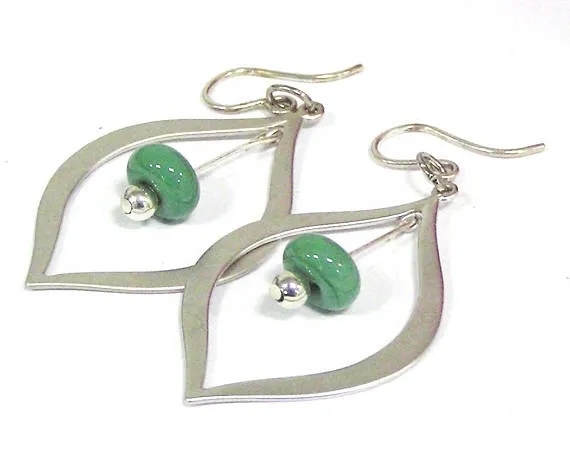 Green Beaded Silver Teardrop Earrings