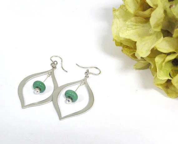 Green Beaded Silver Teardrop Earrings