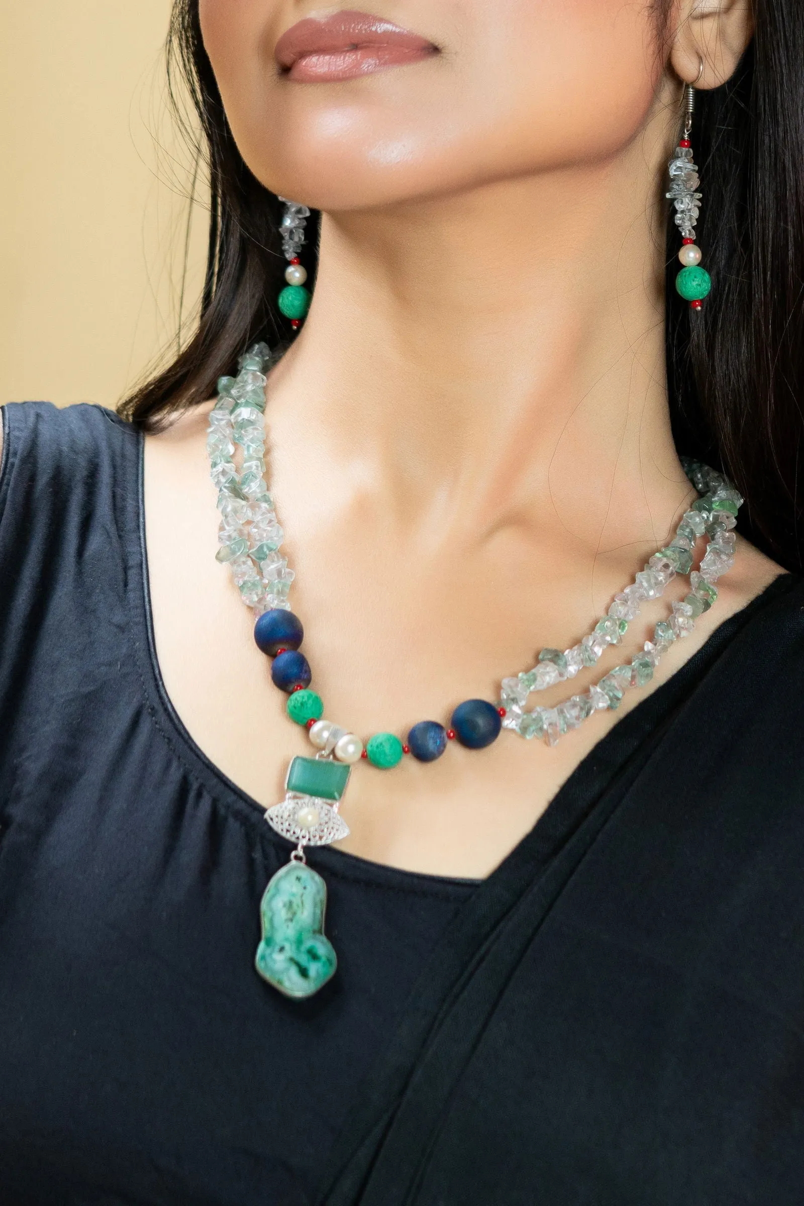 Handmade Blue Green Semi Precious Drazy Lava Agate Stone Chips Necklace with earrings Jewelry Set