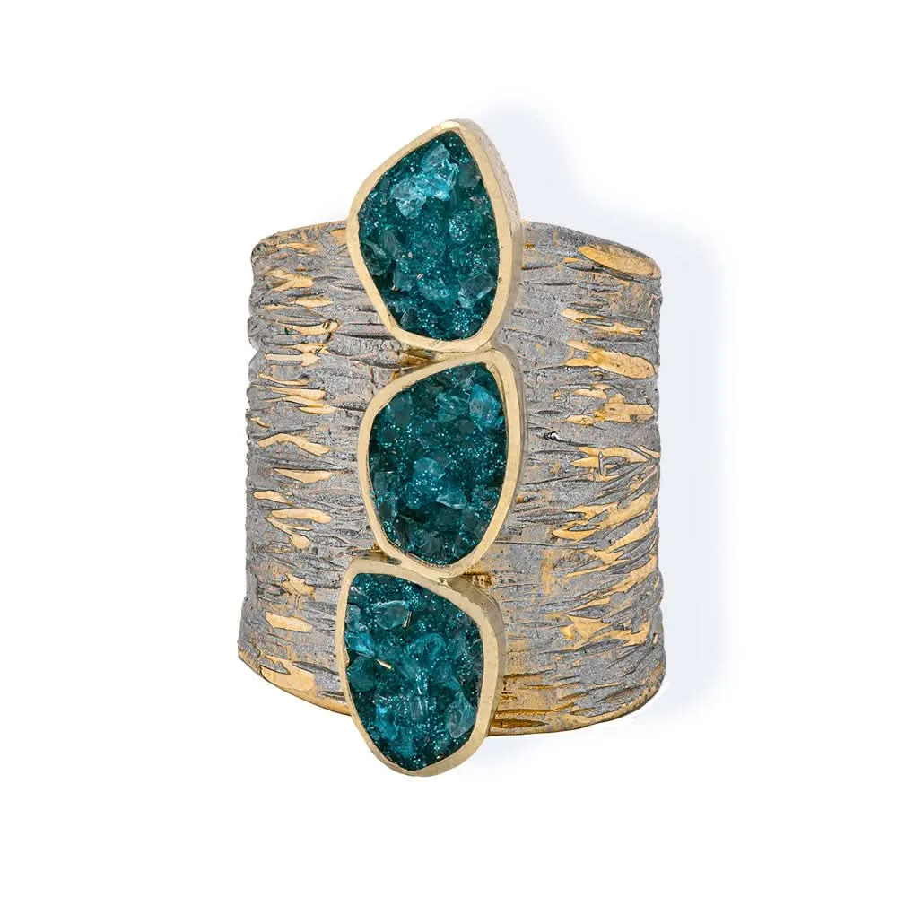 Handmade Gold & Silver Plated Ring Diamond Curved With Turquoise Crystals