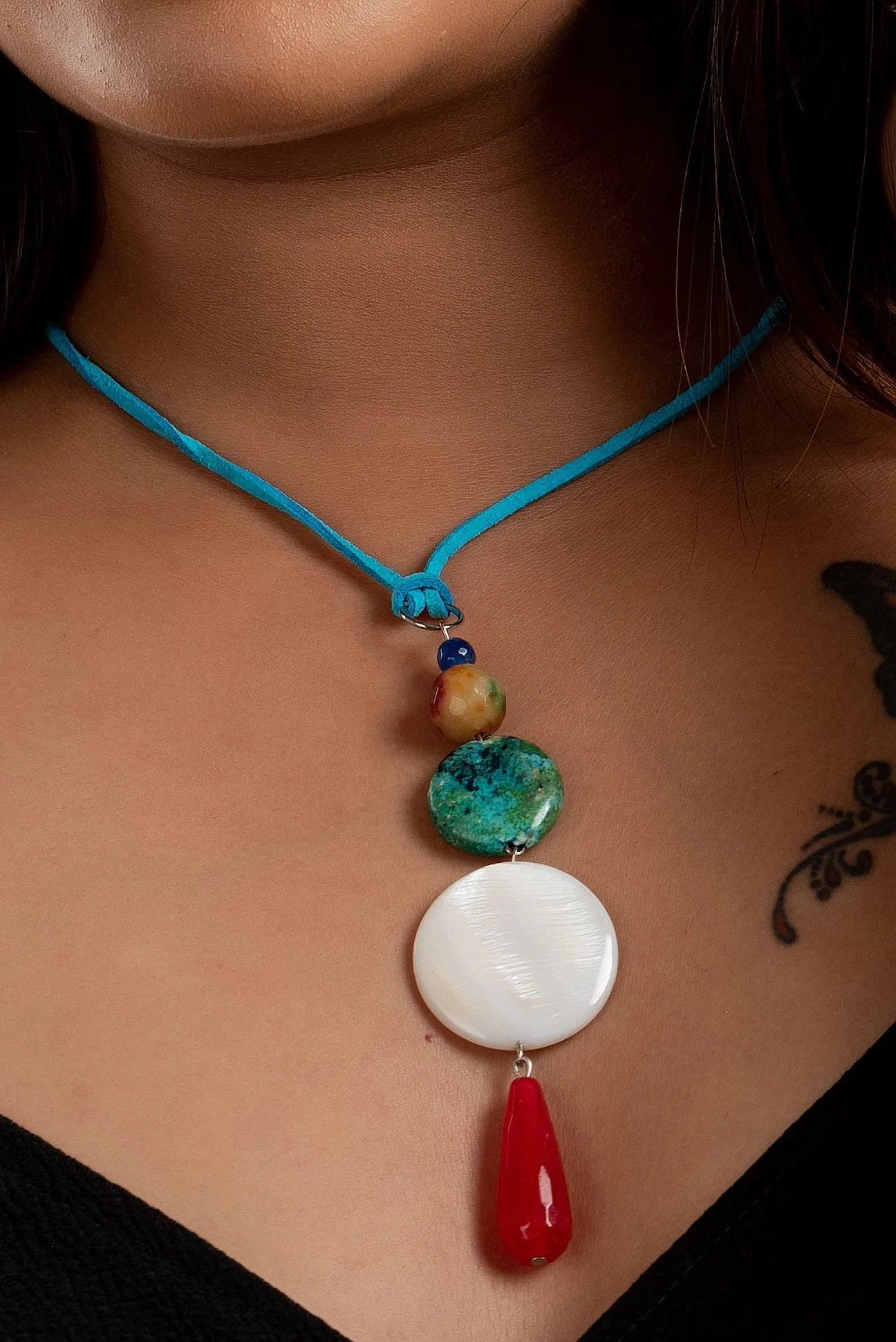 Handmade Jewelry With Mother Of Pearl, Designer Neckpiece Featuring Semi Precious Stones & Blue Suede Cord