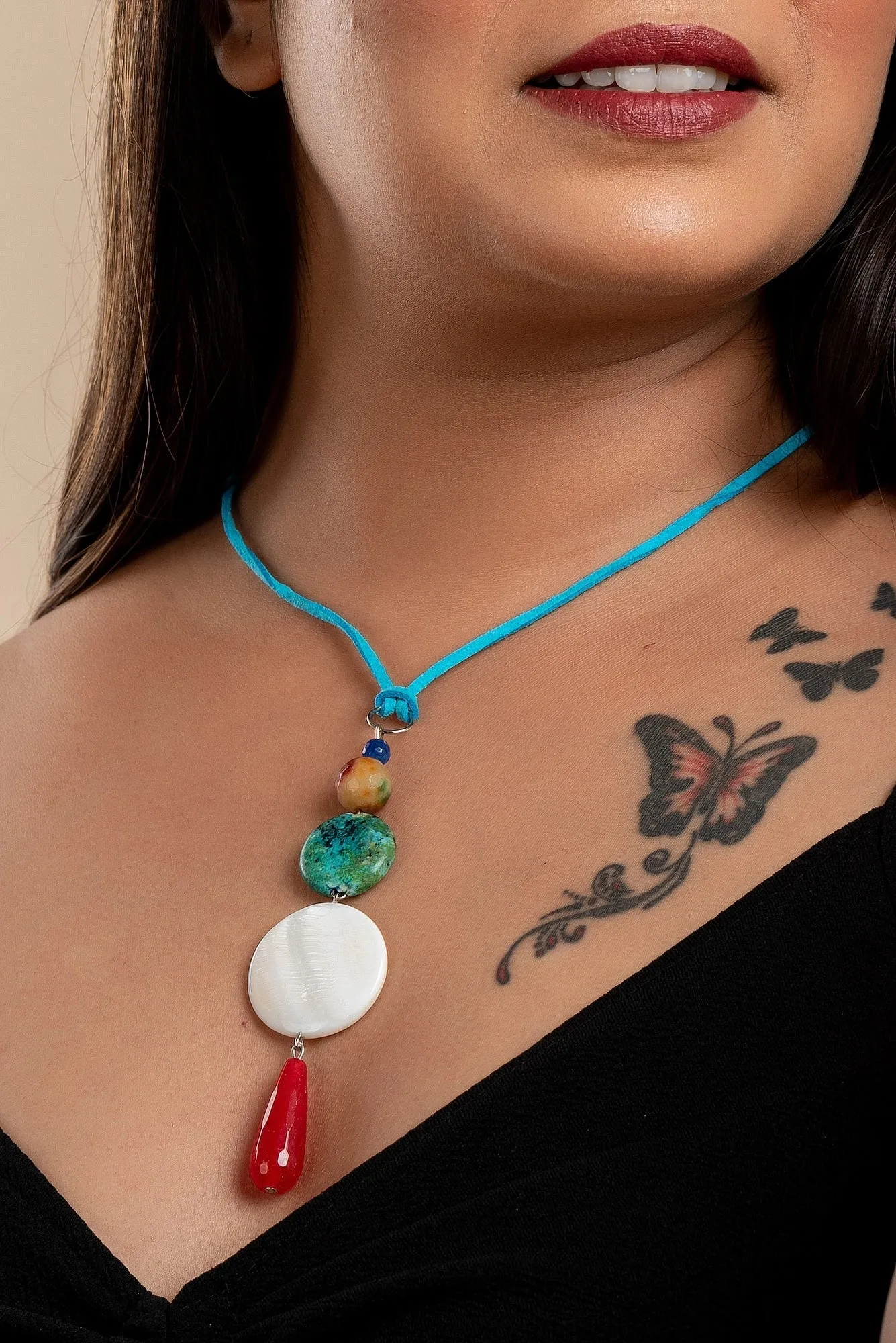 Handmade Jewelry With Mother Of Pearl, Designer Neckpiece Featuring Semi Precious Stones & Blue Suede Cord