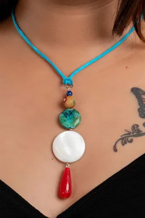 Handmade Jewelry With Mother Of Pearl, Designer Neckpiece Featuring Semi Precious Stones & Blue Suede Cord