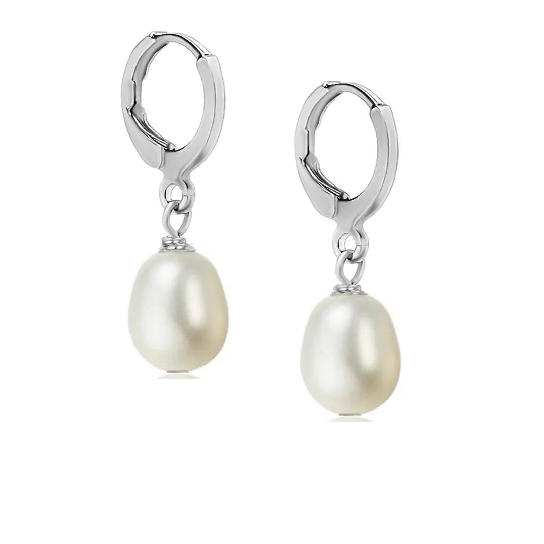 Handmade Pearl Drop Earrings for Women | Gold-Plated Huggie Hoop Earrings in White, Pink, Grey, Black