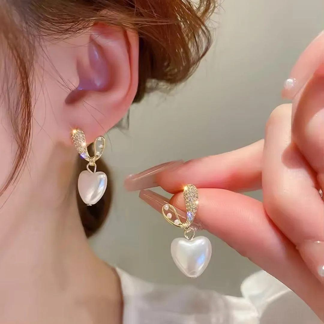 Heart-Shaped Pearl Drop Earrings