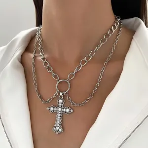 INS Vintage Diamond Alloy Pendant Cross Necklace