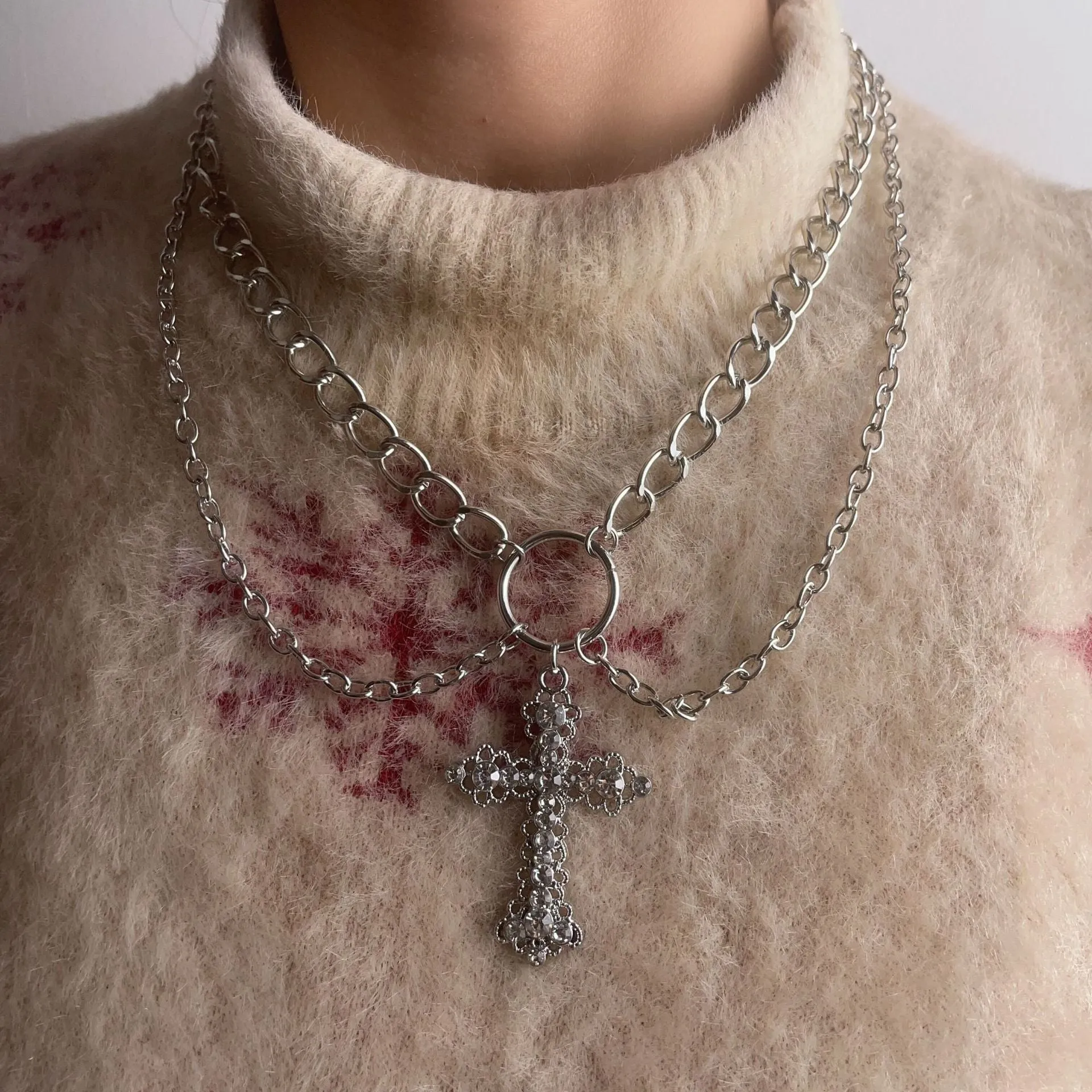 INS Vintage Diamond Alloy Pendant Cross Necklace