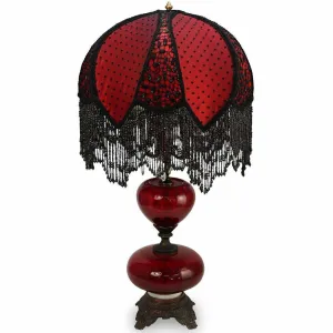 Lamp, Bordello Red Glass, Satin, Lace, Continental, 20th C., Gorgeous Lampshade!!