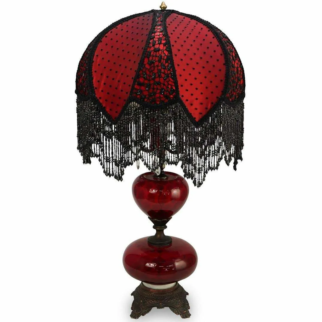 Lamp, Bordello Red Glass, Satin, Lace, Continental, 20th C., Gorgeous Lampshade!!