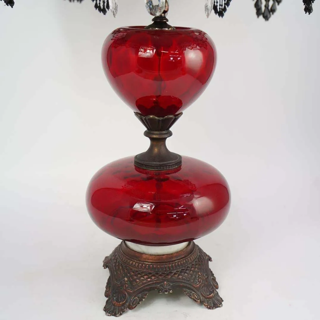 Lamp, Bordello Red Glass, Satin, Lace, Continental, 20th C., Gorgeous Lampshade!!