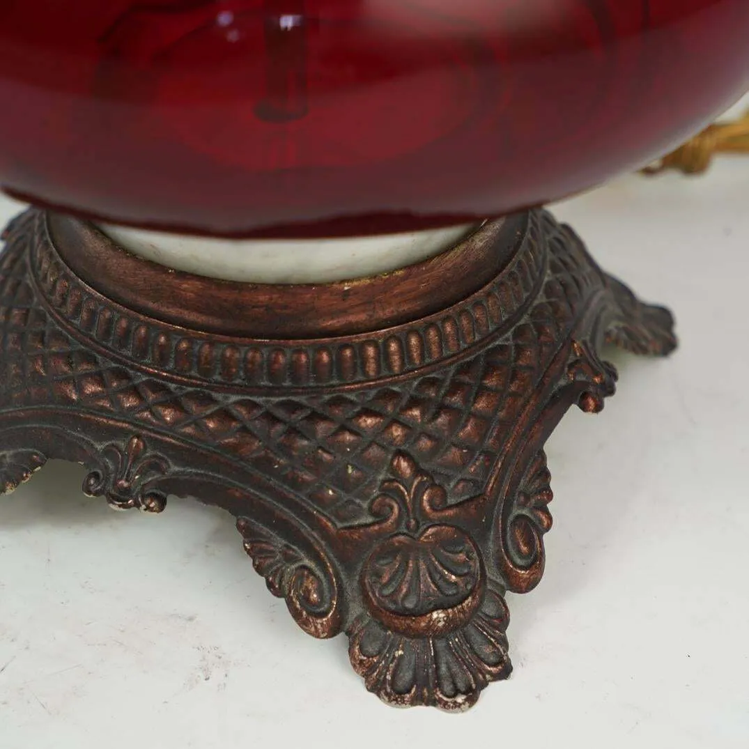 Lamp, Bordello Red Glass, Satin, Lace, Continental, 20th C., Gorgeous Lampshade!!