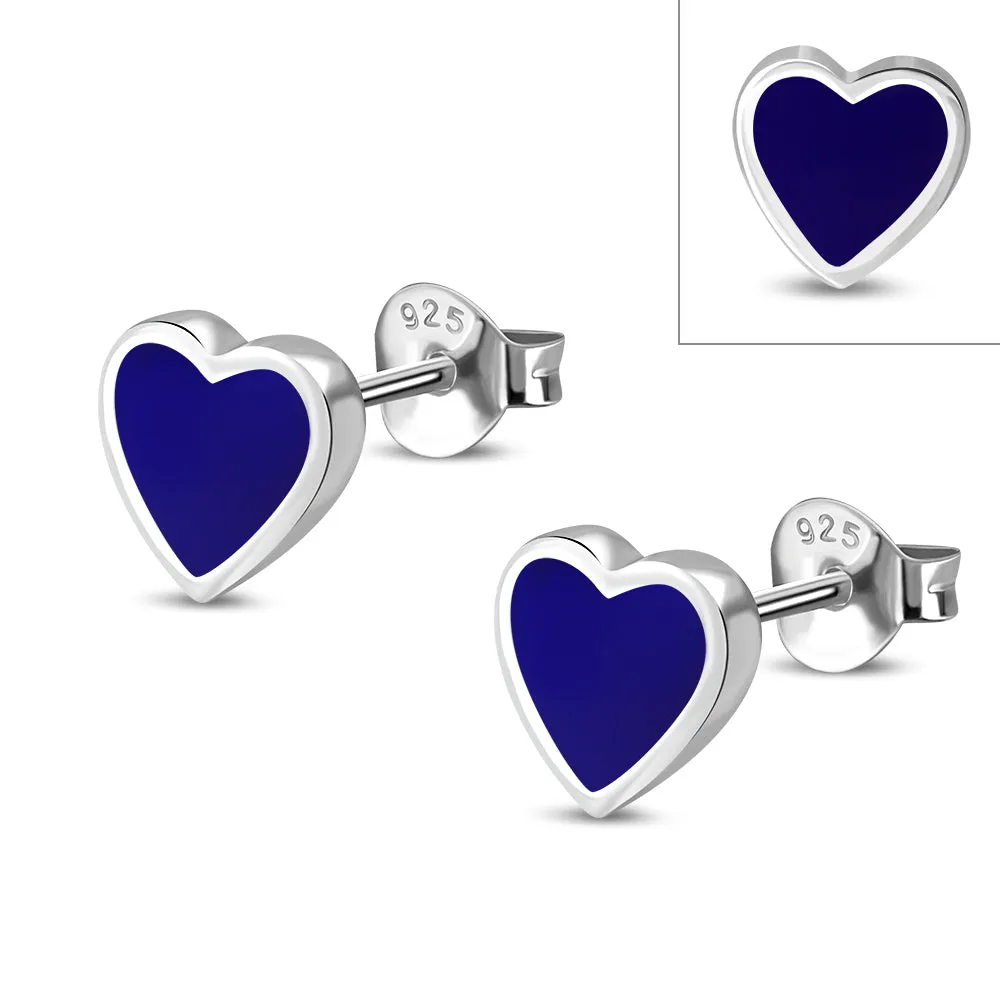 Lapis Lazuli Blue Stone Heart Stud Silver Earrings