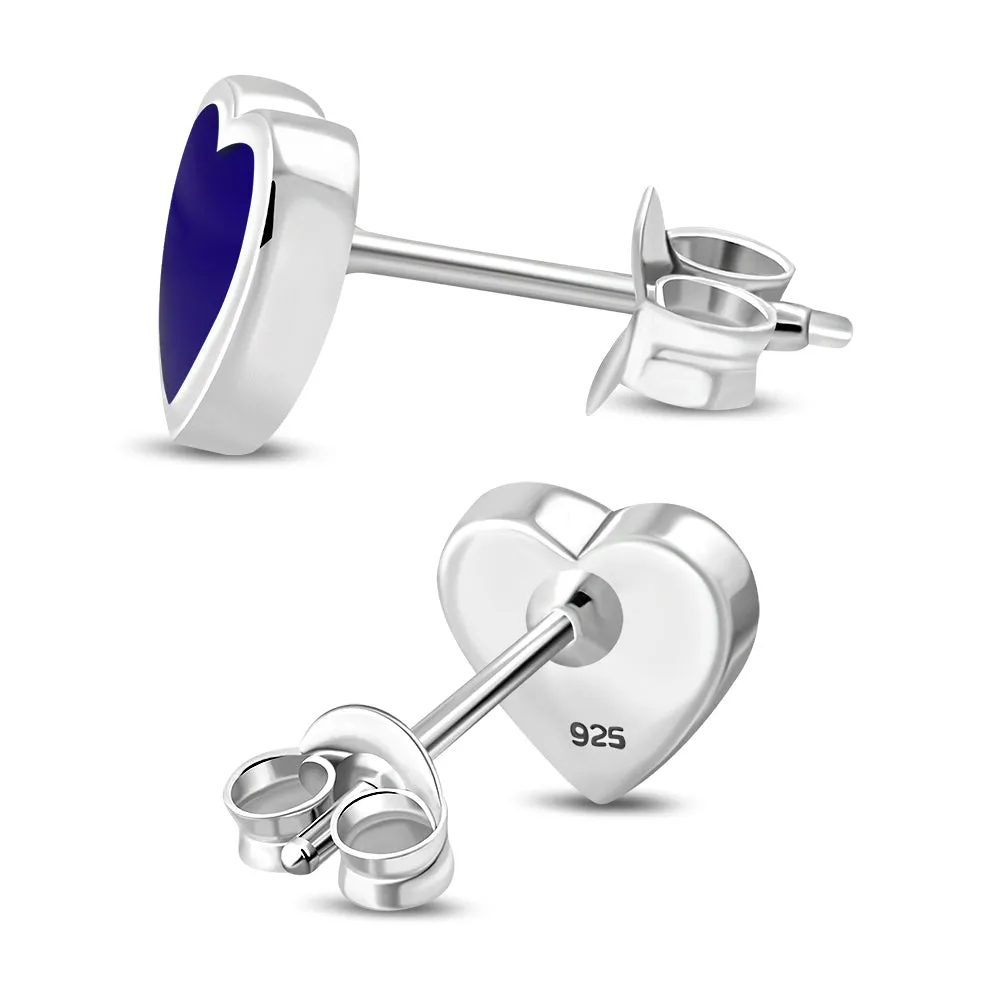 Lapis Lazuli Blue Stone Heart Stud Silver Earrings