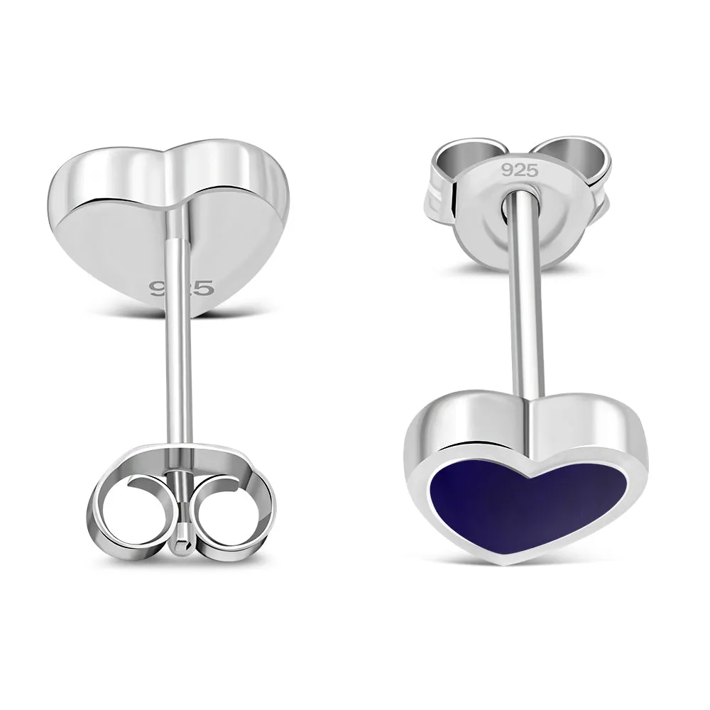 Lapis Lazuli Blue Stone Heart Stud Silver Earrings