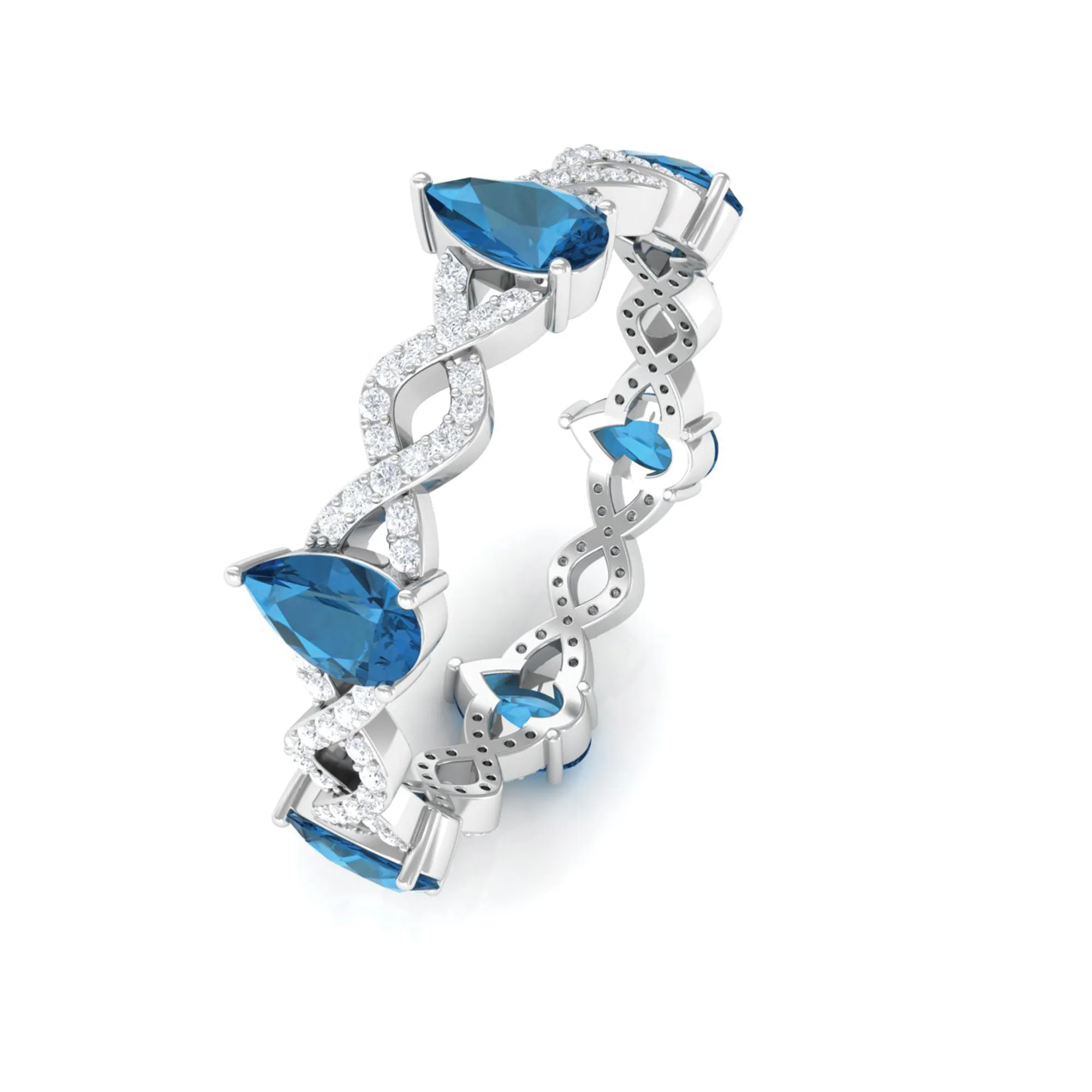 London Blue Topaz and Diamond Eternity Ring with Crossover Shank