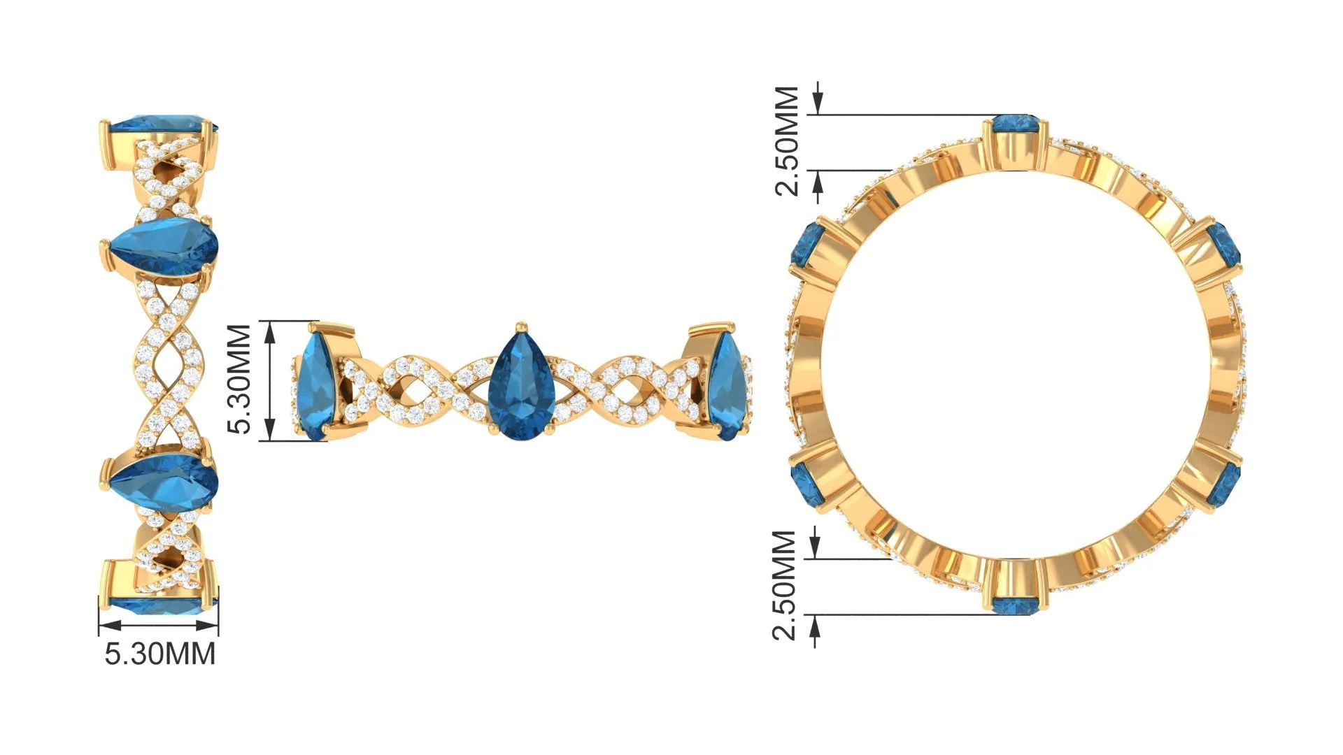 London Blue Topaz and Diamond Eternity Ring with Crossover Shank