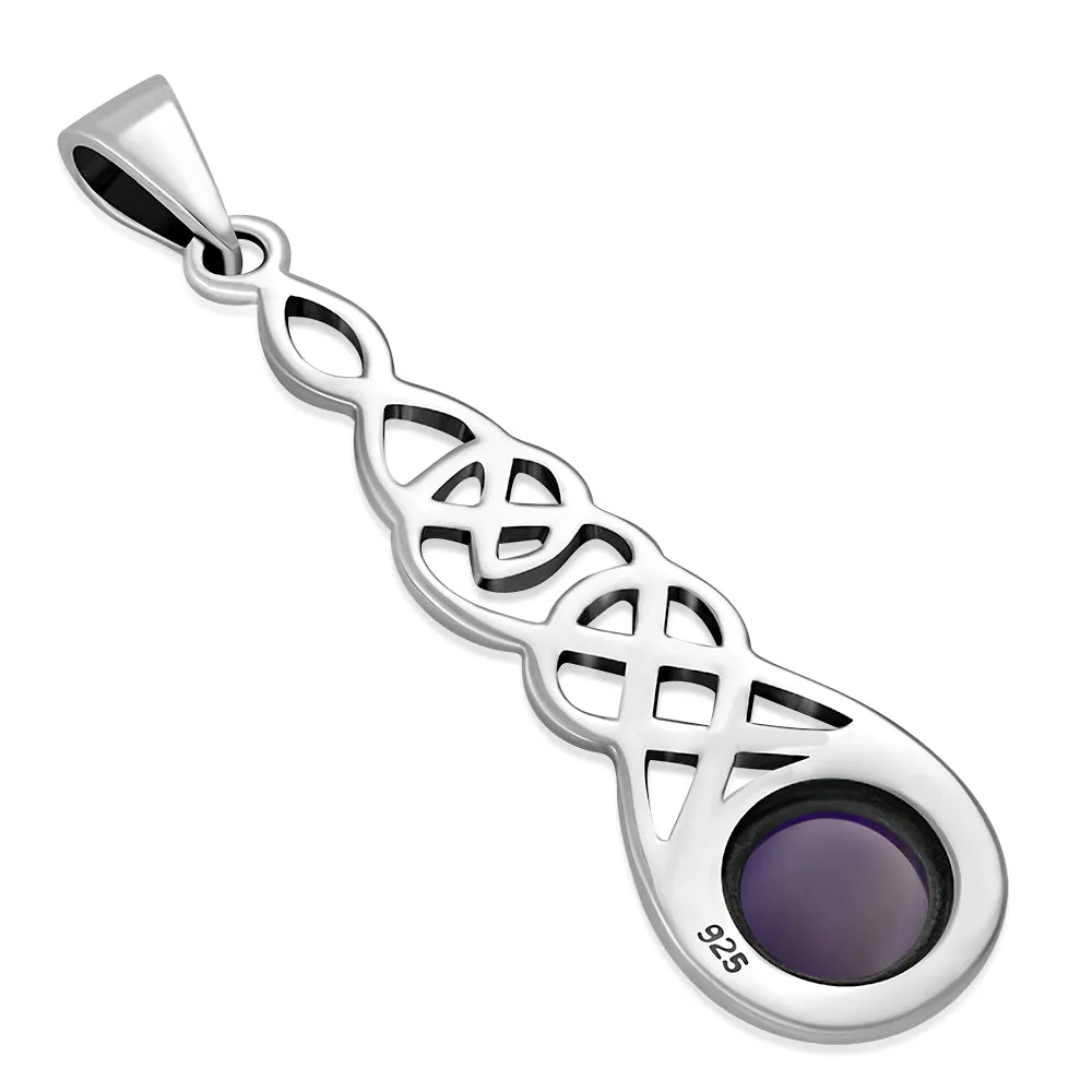 Long Celtic Silver Pendant set w/ Amethyst Stone